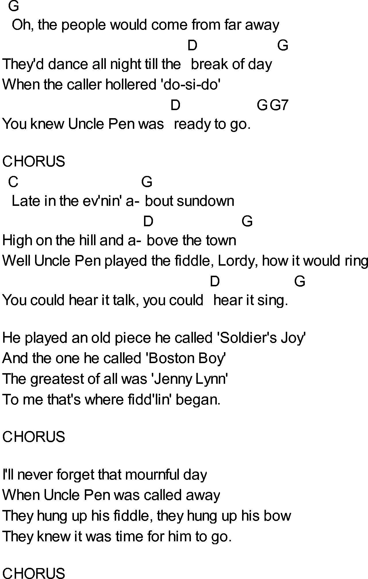 Bluegrass songs with chords - Uncle Pen